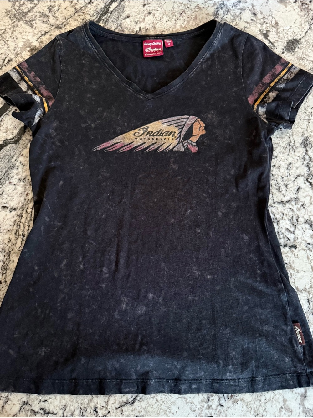 Indian Motorcycle Women's Size M Black Acid Wash V-Neck Short Sleeve Logo Tee